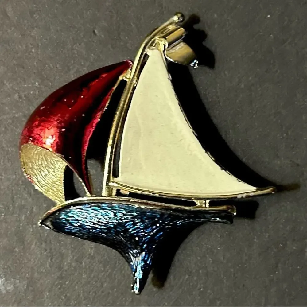 Vintage Nautical Sailboat Gold Toned Brooch in Red, White and Blue